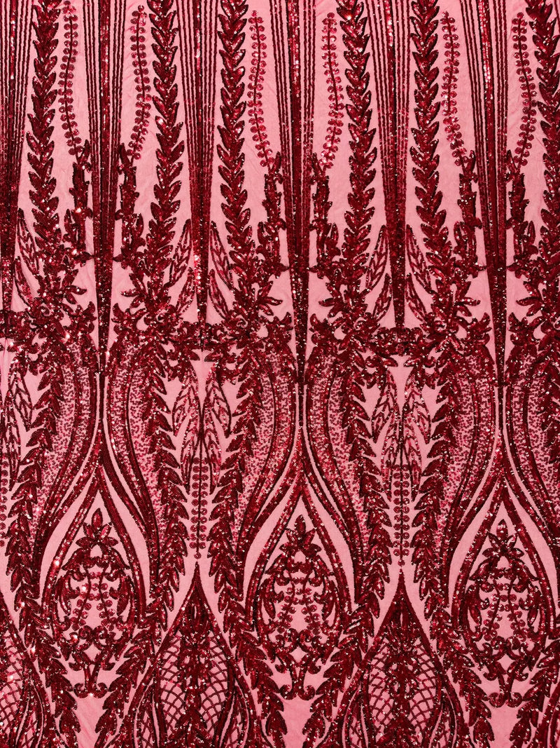 Mermaid Design Fabric - Burgundy - 4 Way Stretch Sequins Fabric on Lace Mesh Sold By Yard