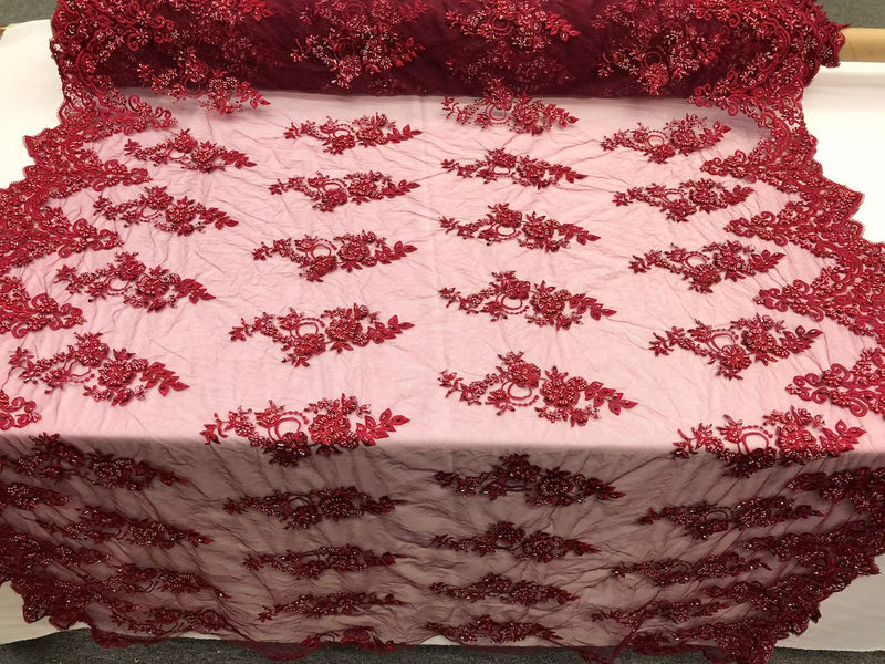 Floral Cluster Beaded Fabric - Burgundy - Embroidered Flower Beaded Fabric Sold By Yard