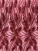 Wavy Leaf Design Fabric - Burgundy - 4 Way Stretch Sequins Lace Mesh Leaf Design Fabric by Yard
