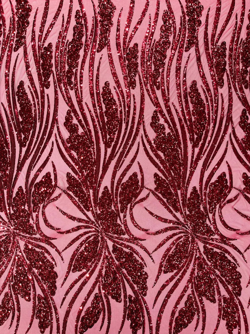 Wavy Leaf Design Fabric - Burgundy - 4 Way Stretch Sequins Lace Mesh Leaf Design Fabric by Yard