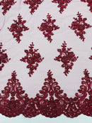 Floral Damask Bead Fabric - Burgundy - Embroidered Floral Clusters with Beads / Sequins by Yard