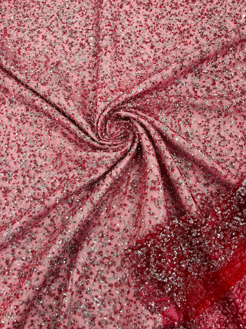 Bead/Sequins Lace Fabric - Burgundy - Small Sequins and Beads Embroidered on Lace Fabric By Yard