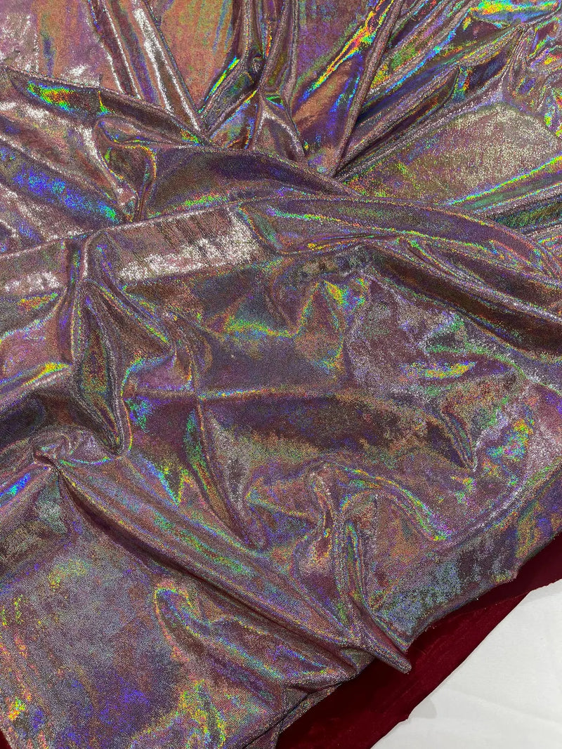 Foggy Foil Velvet Fabric - Silver on Burgundy - Oil Slick 4 Way Stretch Foil Velvet Fabric By Yard