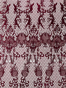 Damask Diamond Net Lace Fabric - Burgundy - Damask Design Embroidered on Lace Mesh Fabric by Yard
