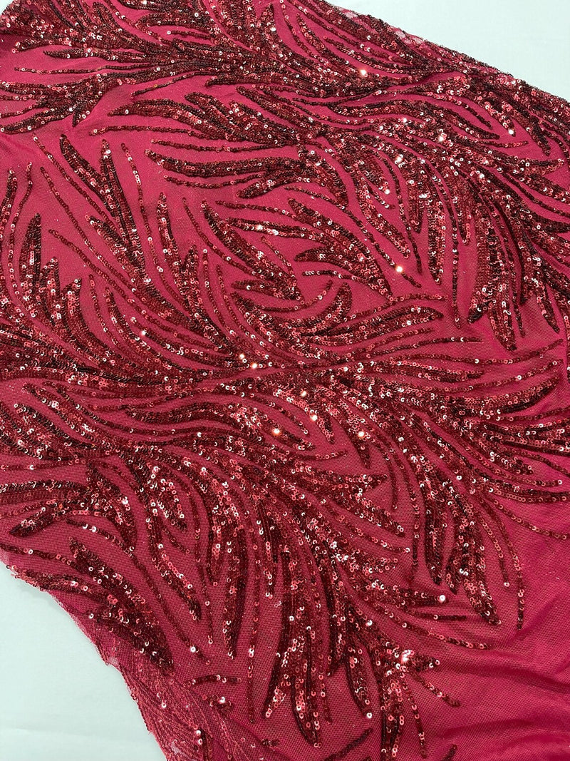 Leaf Stretch Sequins Fabric - Burgundy - 4 Way Stretch Sequins on Lace Mesh Fabric by Yard