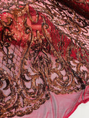 Heart Shape Sequins Fabric - Burgundy Hologram - 4 Way Stretch Sequins Damask Fabric By Yard