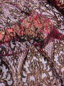 Heart Shape Sequins Fabric - Burgundy Hologram - 4 Way Stretch Sequins Damask Fabric By Yard