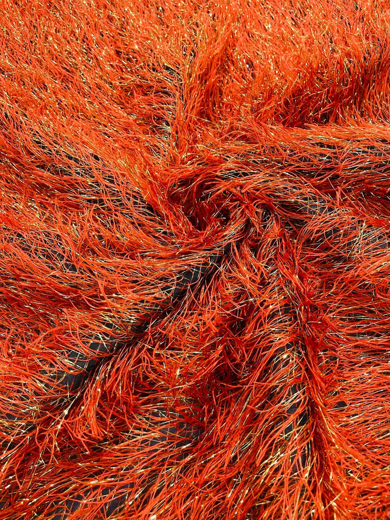 Metallic Fringe Eyelash / Feather - Burnt Orange / Gold - Embroidered Fabric with Hanging Details 2 Way Stretch By Yard