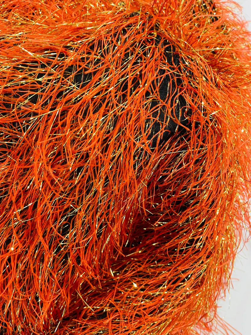 Metallic Fringe Eyelash / Feather - Burnt Orange / Gold - Embroidered Fabric with Hanging Details 2 Way Stretch By Yard