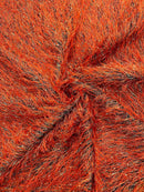 Metallic Fringe Eyelash / Feather - Burnt Orange / Gold - Embroidered Fabric with Hanging Details 2 Way Stretch By Yard