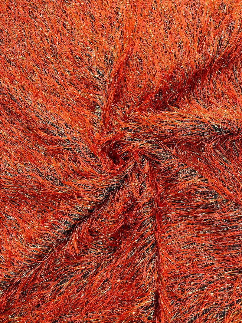 Metallic Fringe Eyelash / Feather - Burnt Orange / Gold - Embroidered Fabric with Hanging Details 2 Way Stretch By Yard