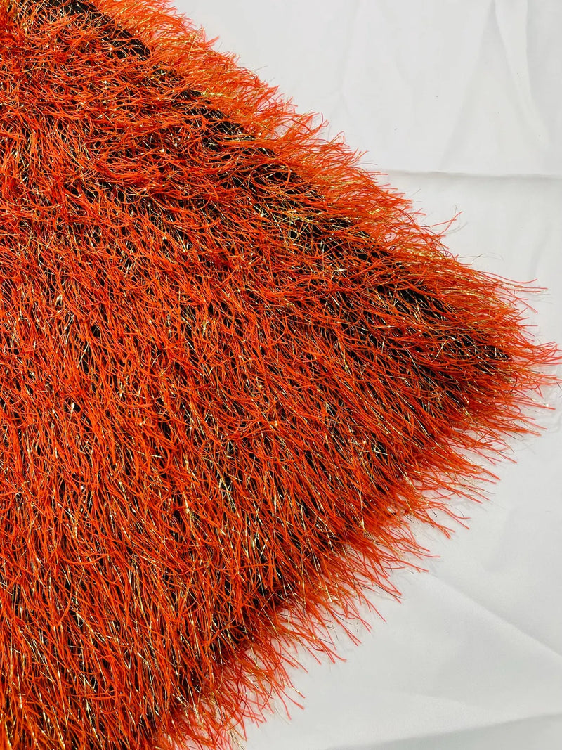 Metallic Fringe Eyelash / Feather - Burnt Orange / Gold - Embroidered Fabric with Hanging Details 2 Way Stretch By Yard