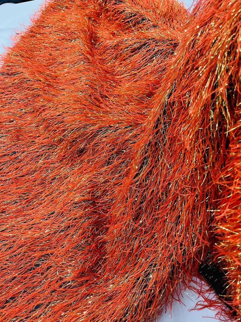 Metallic Fringe Eyelash / Feather - Burnt Orange / Gold - Embroidered Fabric with Hanging Details 2 Way Stretch By Yard