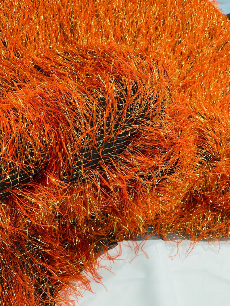 Metallic Fringe Eyelash / Feather - Burnt Orange / Gold - Embroidered Fabric with Hanging Details 2 Way Stretch By Yard