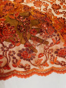 Corded Lace Flower Fabric - Burnt Orange - Floral Design Embroidered Sequins on Mesh Lace Fabric