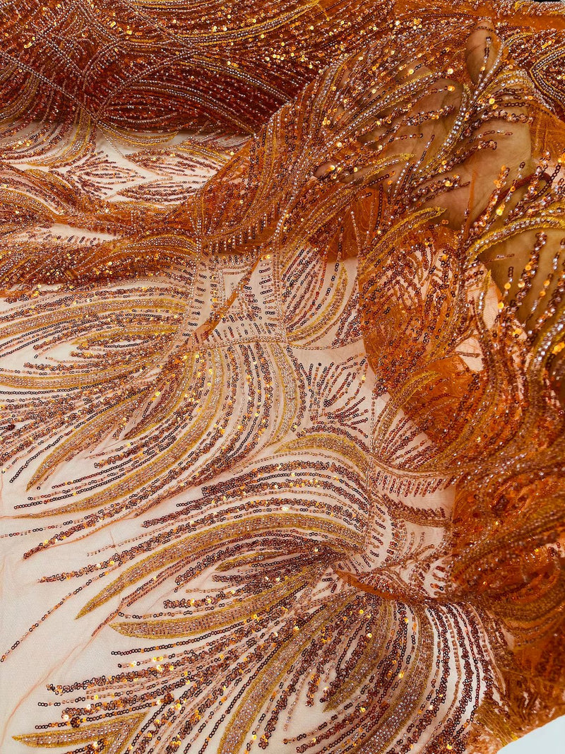 Beaded Line Fabric - Burnt Orange - Luxury Bridal Line Pattern Fabric With Beads, Sequins Sold By Yard