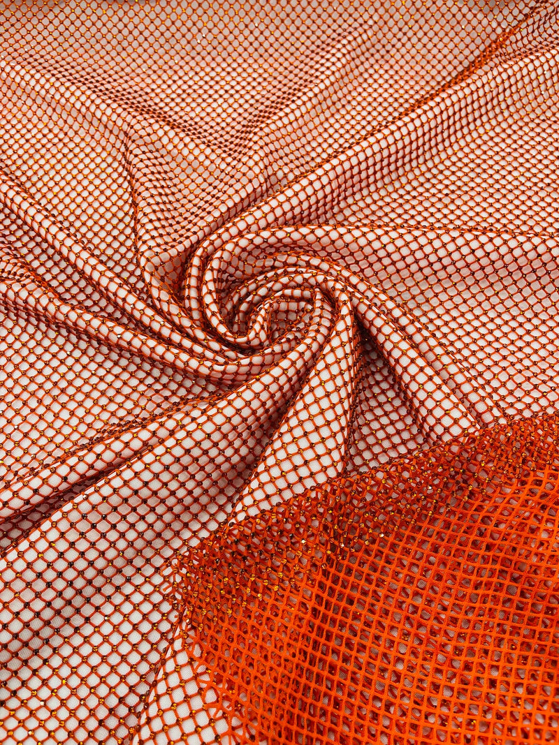 Fishnet Solid Rhinestones Fabric - Burnt Orange - Spandex Fabric Fish Net with Crystal Stones by Yard