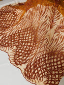 Beaded Embroidered Fabric - Burnt Orange - Embroidered Heart and Feather Pattern Fabric Sold By Yard