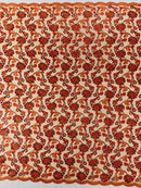 Corded Lace Flower Fabric - Burnt Orange - Floral Design Embroidered Sequins on Mesh Lace Fabric