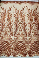 Beaded Embroidered Fabric - Burnt Orange - Embroidered Heart and Feather Pattern Fabric Sold By Yard