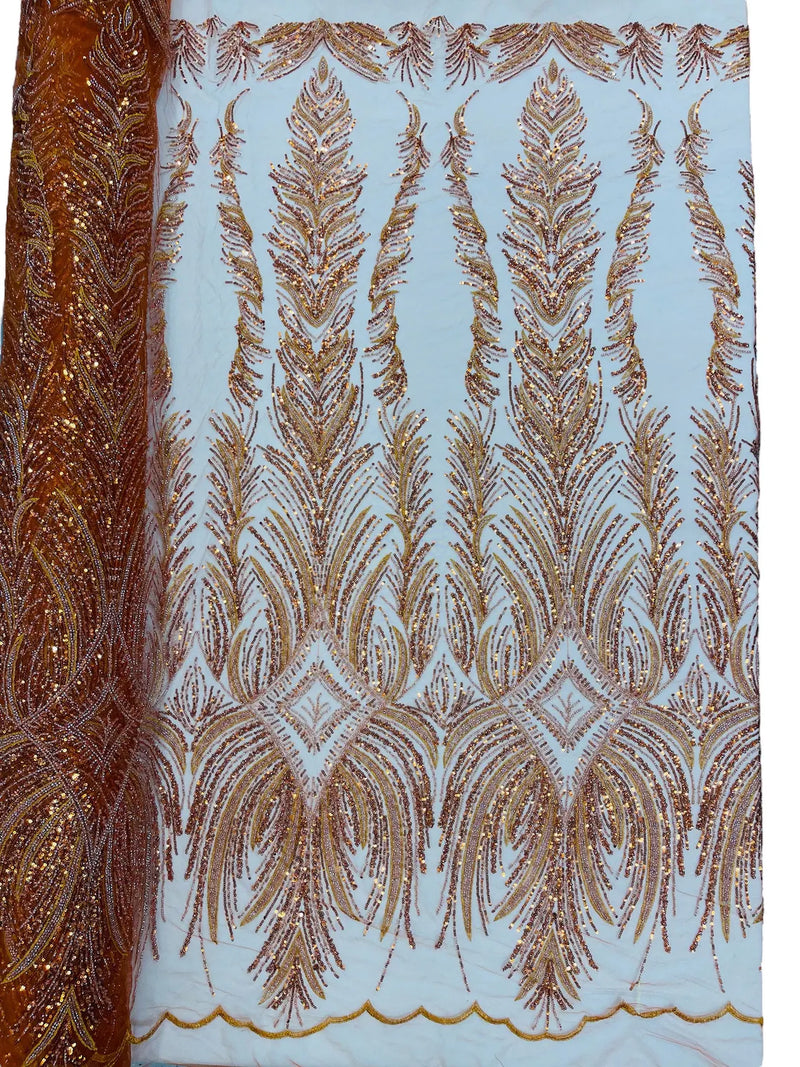 Beaded Line Fabric - Burnt Orange - Luxury Bridal Line Pattern Fabric With Beads, Sequins Sold By Yard