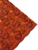 Corded Lace Flower Fabric - Burnt Orange - Floral Design Embroidered Sequins on Mesh Lace Fabric