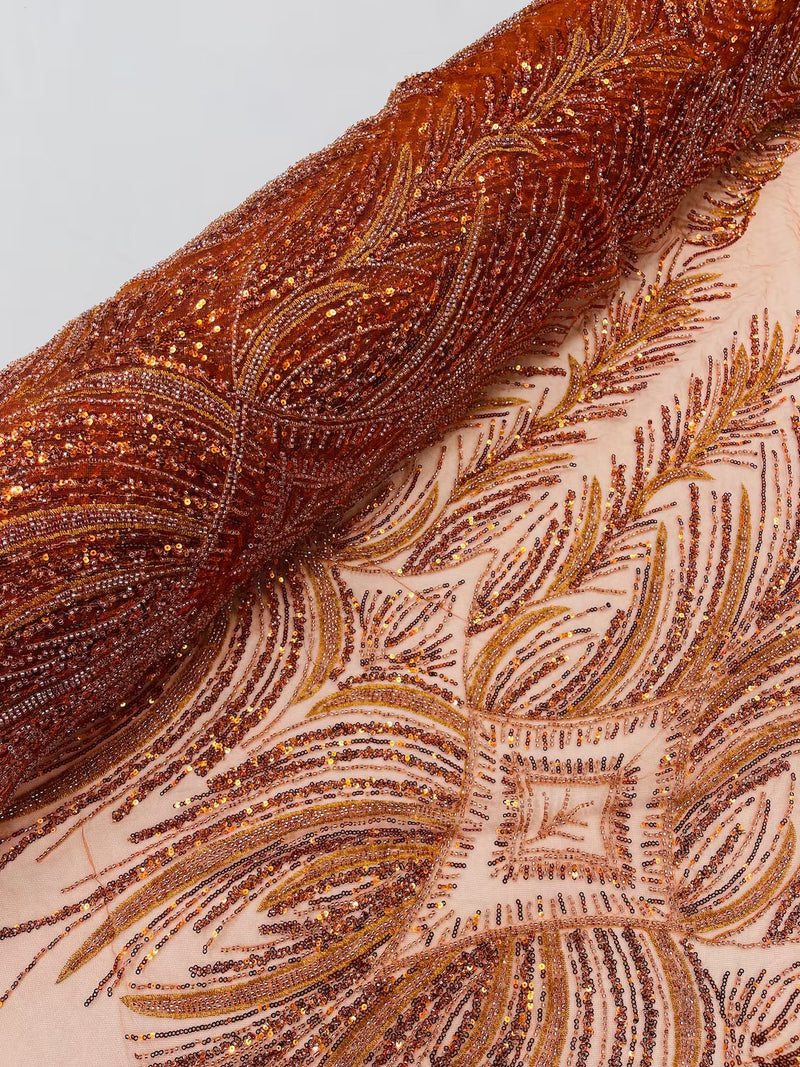 Beaded Line Fabric - Burnt Orange - Luxury Bridal Line Pattern Fabric With Beads, Sequins Sold By Yard