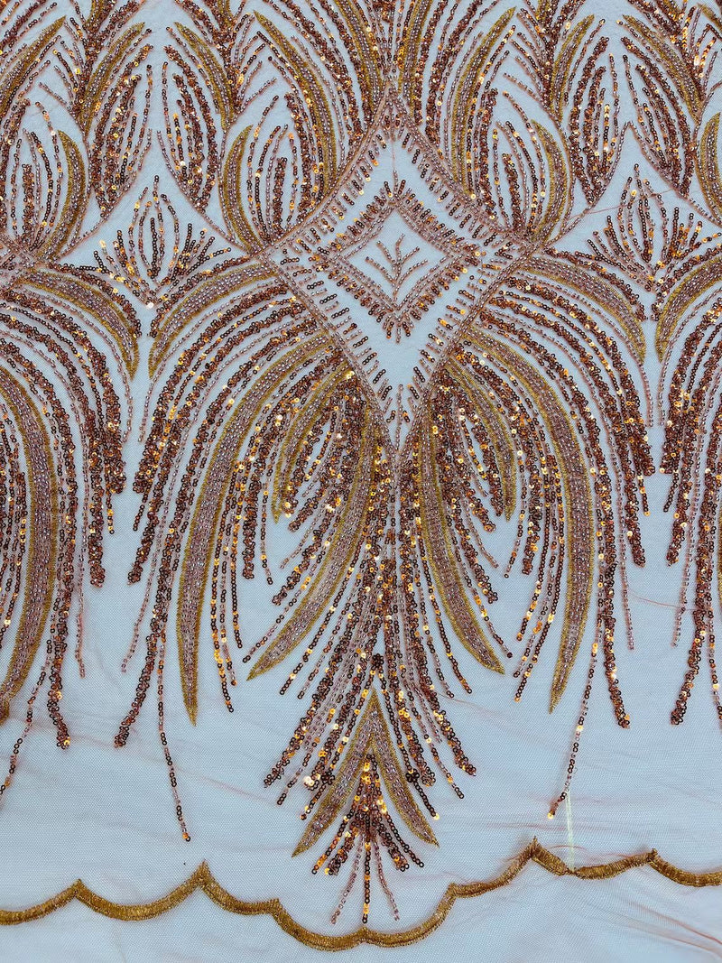 Beaded Line Fabric - Burnt Orange - Luxury Bridal Line Pattern Fabric With Beads, Sequins Sold By Yard