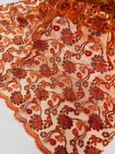 Corded Lace Flower Fabric - Burnt Orange - Floral Design Embroidered Sequins on Mesh Lace Fabric