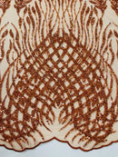 Beaded Embroidered Fabric - Burnt Orange - Embroidered Heart and Feather Pattern Fabric Sold By Yard
