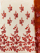 3D Orquidia Floral Lace - Burnt Orange - Beautiful Orchid Flower Fabric on Mesh by Yard