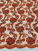 Corded Lace Flower Fabric - Burnt Orange - Floral Design Embroidered Sequins on Mesh Lace Fabric