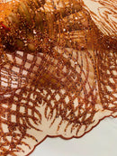 Beaded Embroidered Fabric - Burnt Orange - Embroidered Heart and Feather Pattern Fabric Sold By Yard