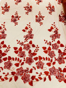 3D Orquidia Floral Lace - Burnt Orange - Beautiful Orchid Flower Fabric on Mesh by Yard