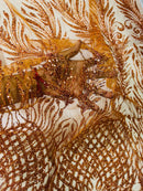 Beaded Embroidered Fabric - Burnt Orange - Embroidered Heart and Feather Pattern Fabric Sold By Yard