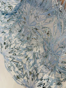 Baby Blue Beaded Fabric By The Yard, Luxury Geometric Design Beads and Sequins