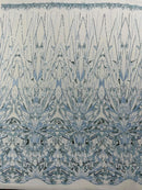 Baby Blue Beaded Fabric By The Yard, Luxury Geometric Design Beads and Sequins