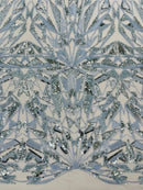 Baby Blue Beaded Fabric By The Yard, Luxury Geometric Design Beads and Sequins