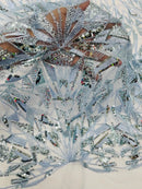 Baby Blue Beaded Fabric By The Yard, Luxury Geometric Design Beads and Sequins