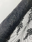 Black Luxury Beaded Fabric By The Yard, Luxury Geometric Design Beads and Sequins Mesh
