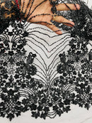 Black Luxury Beaded Fabric By The Yard, Luxury Geometric Design Beads and Sequins Mesh