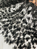 Black Beaded Fabric 3D Floral Butterfly Fabric by the Yard, Luxury Butterfly Mesh
