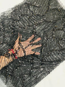 Black Beaded Fabric by yard, Bridal beaded, Damask Pattern Beads and Sequins