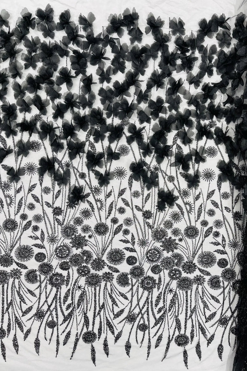 Black Beaded Fabric 3D Floral Butterfly Fabric by the Yard, Luxury Butterfly Mesh