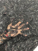 Black Beaded Fabric By The Yard, Luxury Geometric Design Beads and Sequins