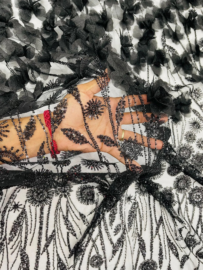 Black Beaded Fabric 3D Floral Butterfly Fabric by the Yard, Luxury Butterfly Mesh