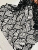 Black Beaded Fabric by yard, Bridal beaded, Damask Pattern Beads and Sequins