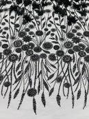 Black Beaded Fabric 3D Floral Butterfly Fabric by the Yard, Luxury Butterfly Mesh