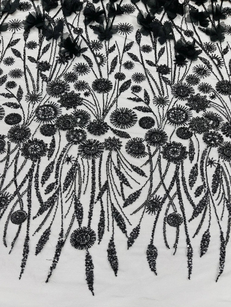 Black Beaded Fabric 3D Floral Butterfly Fabric by the Yard, Luxury Butterfly Mesh