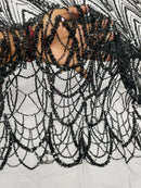 Black Luxury Beaded Pattern Fabric by the yard, Embroidery Beaded Lace Fabric